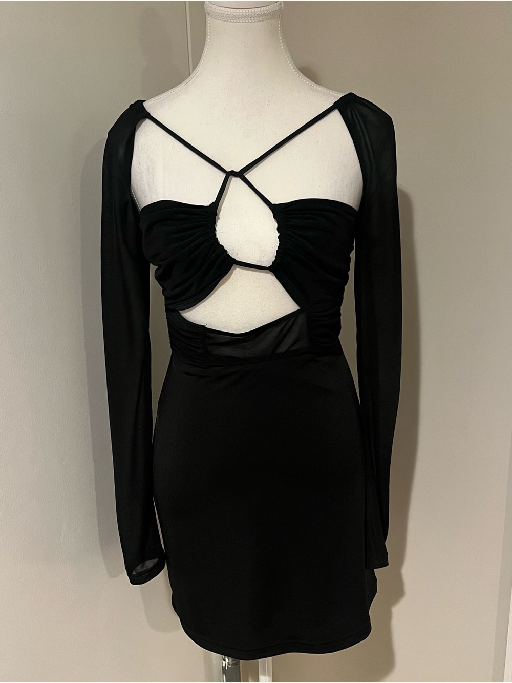 Esthe Black Long-Sleeve Cutout Mini Dress with Strappy Front